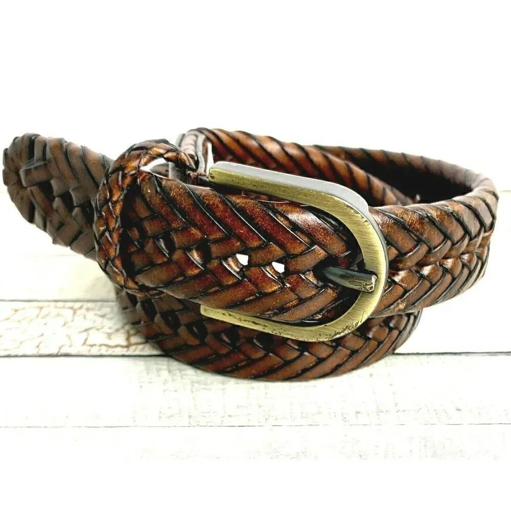 VINTAGE BRAIDED BROWN THICK BUCKLE GENUINE LEATHER CASUAL WOMEN`S BELT Sz L (50M